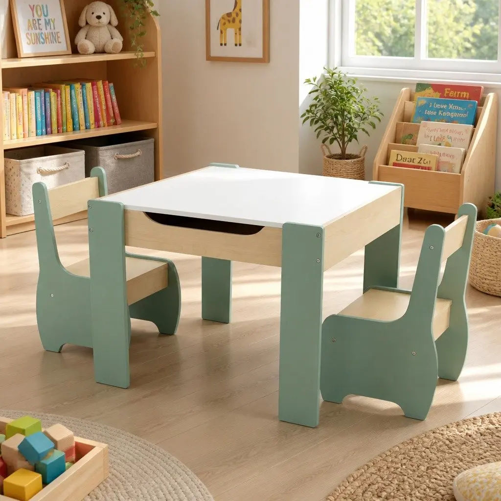 Kids Table and Chairs Set 3-in-1 Chalkboard Desk Storage Learning Dining