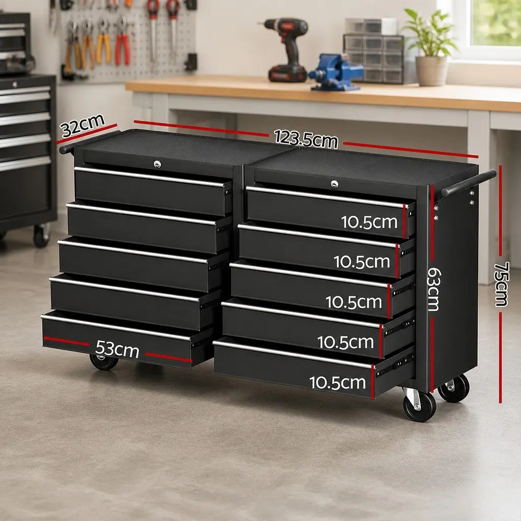 Tool Chest Trolley 10 Drawers Mobile Storage Cabinet Organizer Black