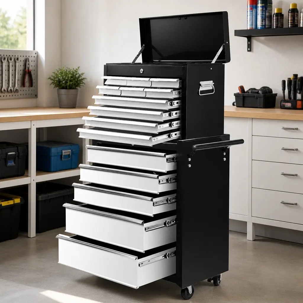 15 Drawer Tool Chest Trolley Mobile Storage Cabinet Workshop Organizer Black