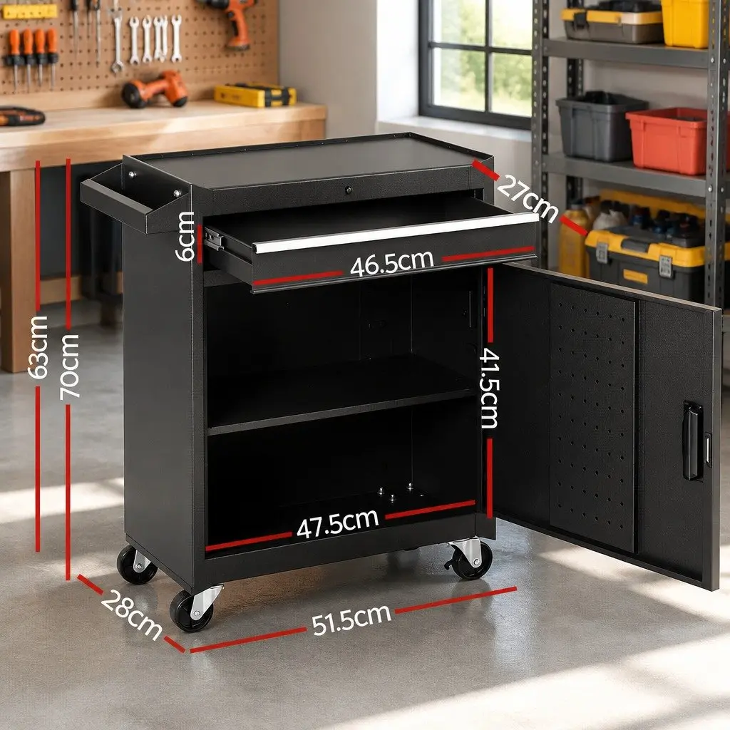 Tool Chest Trolley Cabinet Rolling Toolbox Black Heavy-duty Steel Construction Mobile Storage with Drawer and Cabinet