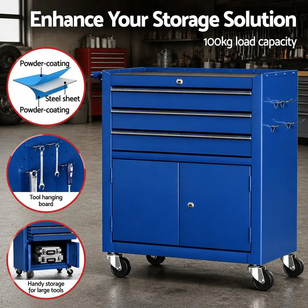 3 Drawer Tool Box Cabinet Chest Storage Organiser Blue with Locking System and Smooth Ball-Bearing Slides