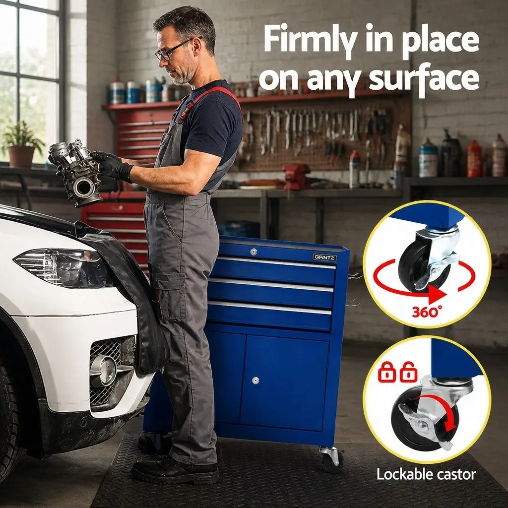 3 Drawer Tool Box Cabinet Chest Storage Organiser Blue with Locking System and Smooth Ball-Bearing Slides