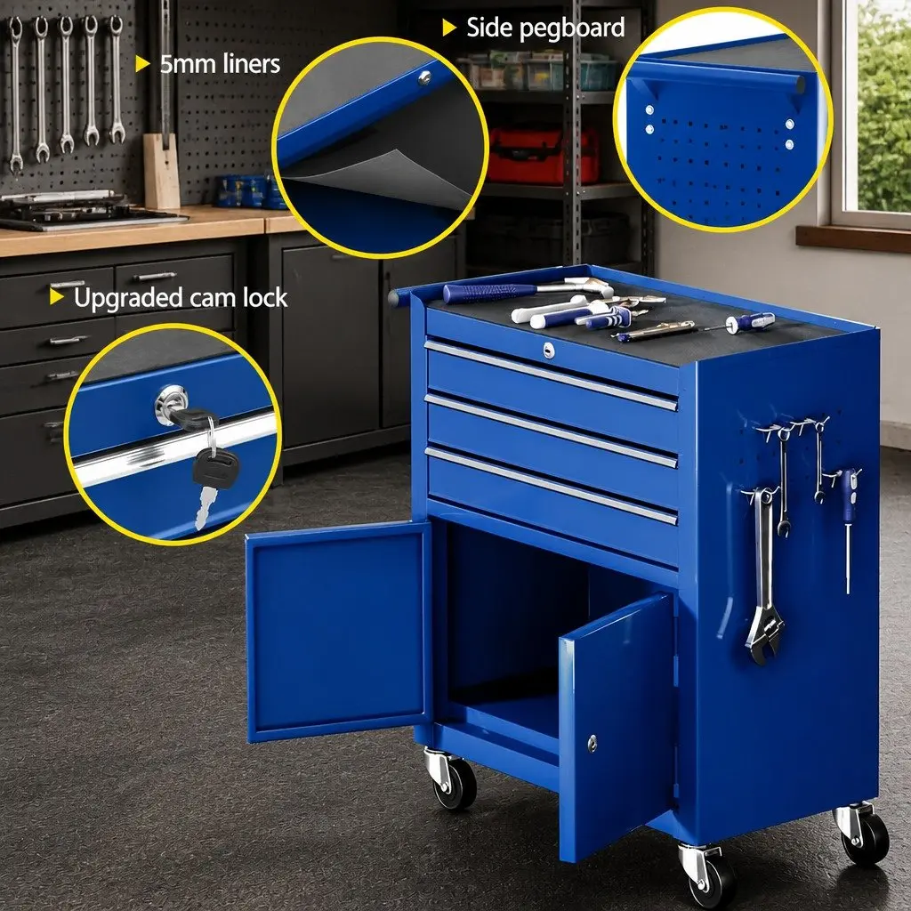 3 Drawer Tool Box Cabinet Chest Storage Organiser Blue with Locking System and Smooth Ball-Bearing Slides