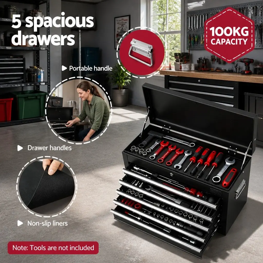 5 Drawer Tool Chest Box Cabinet Lockable Steel Storage Organiser Black