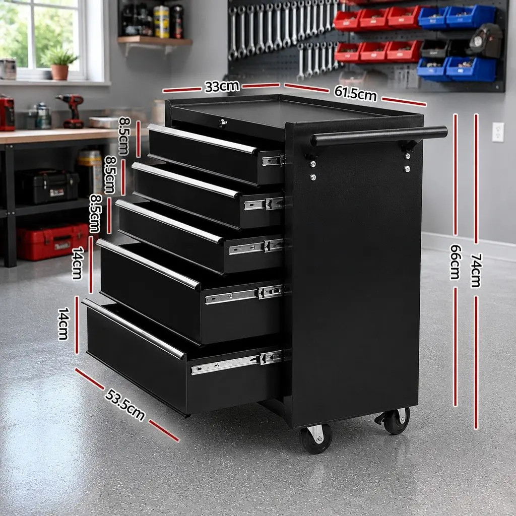 5 Drawer Tool Box Trolley Cabinet Garage Storage Lockable Castors Black