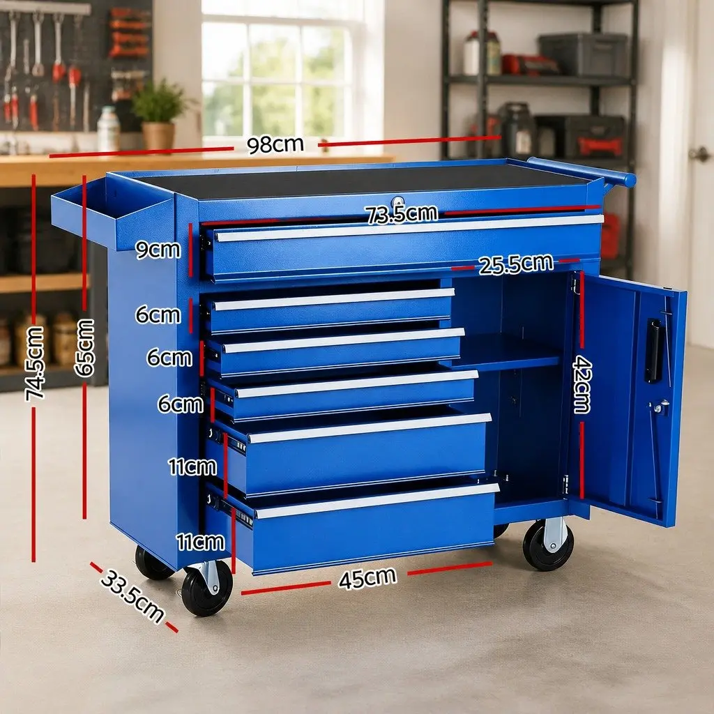 6 Drawer Tool Chest Trolley Storage Cabinet Organiser with Wheels