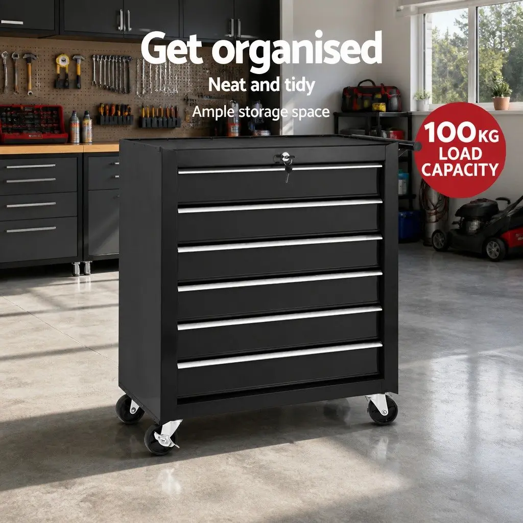 6 Drawer Tool Box Cabinet Trolley Cart Black Steel Mobile Storage with Lockable Drawers
