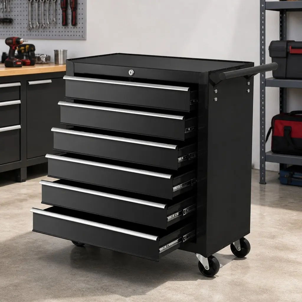 6 Drawer Tool Box Cabinet Trolley Cart Black Steel Mobile Storage with Lockable Drawers