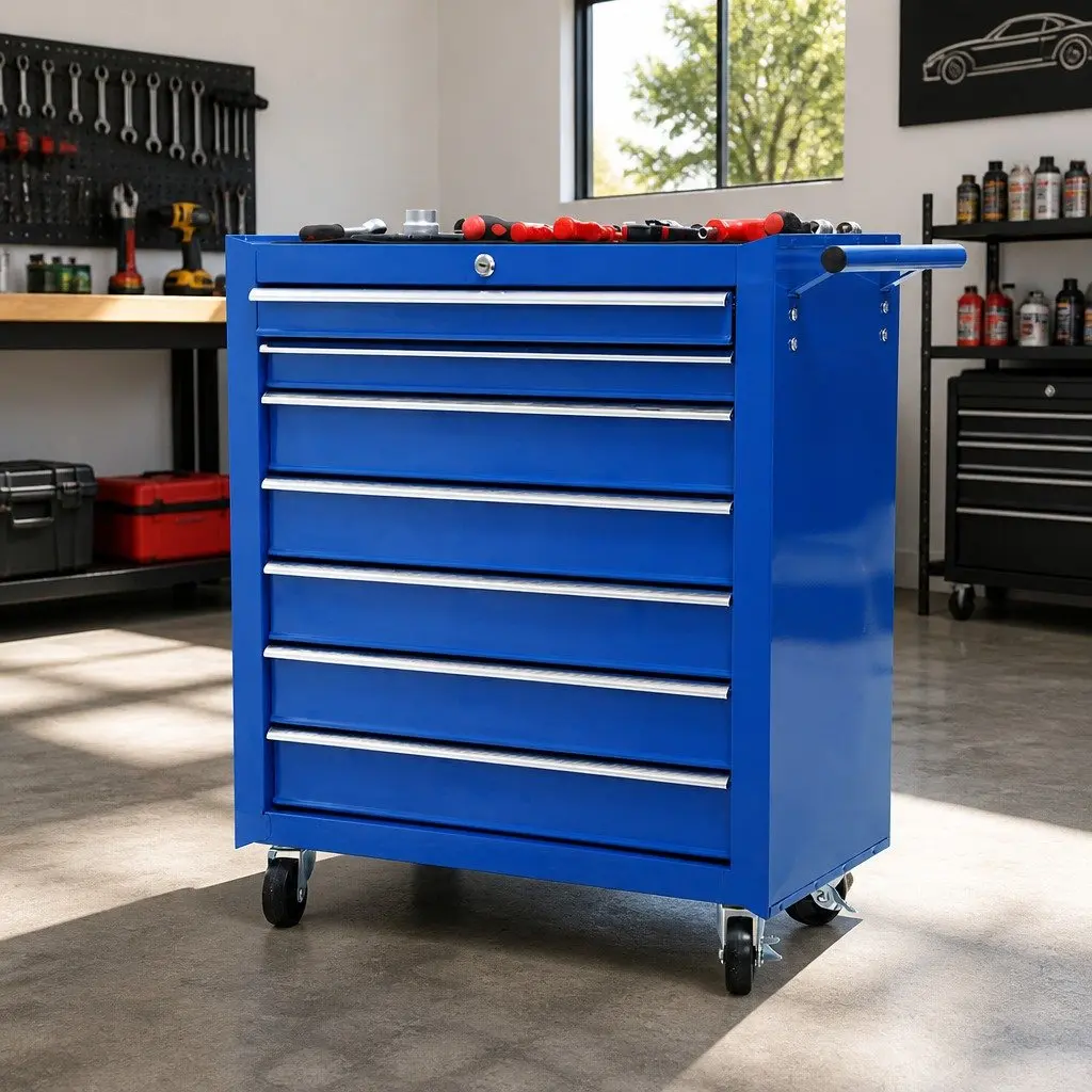 7 Drawer Tool Box Cabinet Trolley Storage Organizer Blue with Lockable Drawers and 360 Degree Castor Wheels