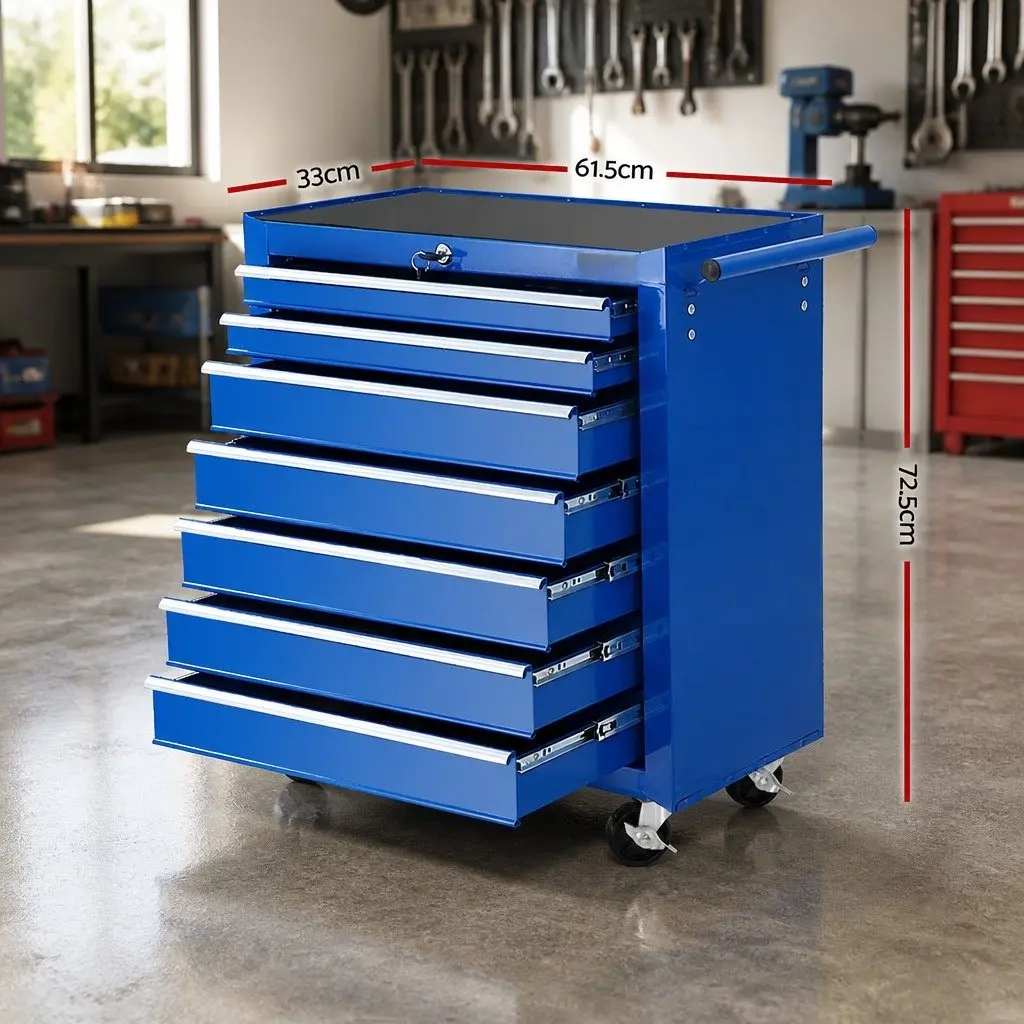 7 Drawer Tool Box Cabinet Trolley Storage Organizer Blue with Lockable Drawers and 360 Degree Castor Wheels