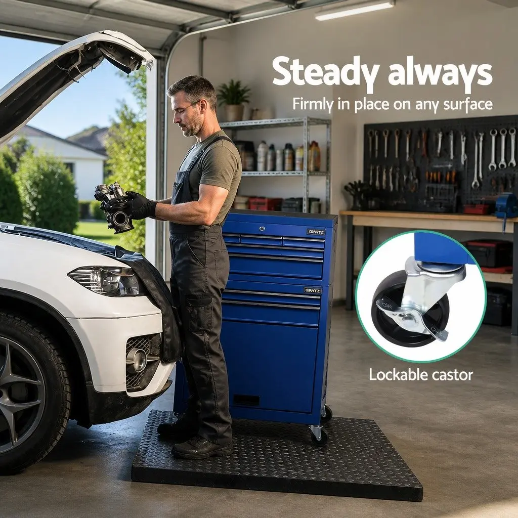 7 Drawer Tool Box Cabinet Chest Trolley Storage Organizer Blue 360 Degree Castor Wheels Non Slip Drawer Liners Lockable Drawers