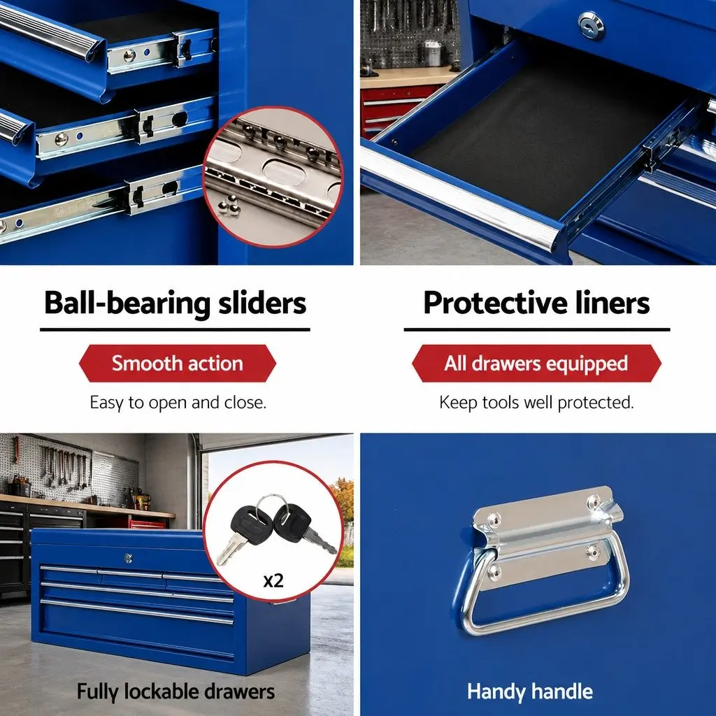 7 Drawer Tool Box Cabinet Chest Trolley Storage Organizer Blue 360 Degree Castor Wheels Non Slip Drawer Liners Lockable Drawers