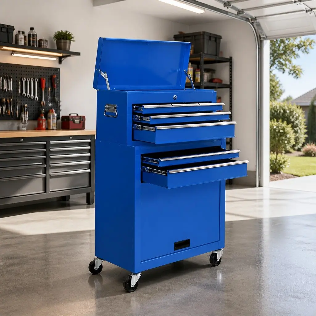 7 Drawer Tool Box Cabinet Chest Trolley Storage Organizer Blue 360 Degree Castor Wheels Non Slip Drawer Liners Lockable Drawers