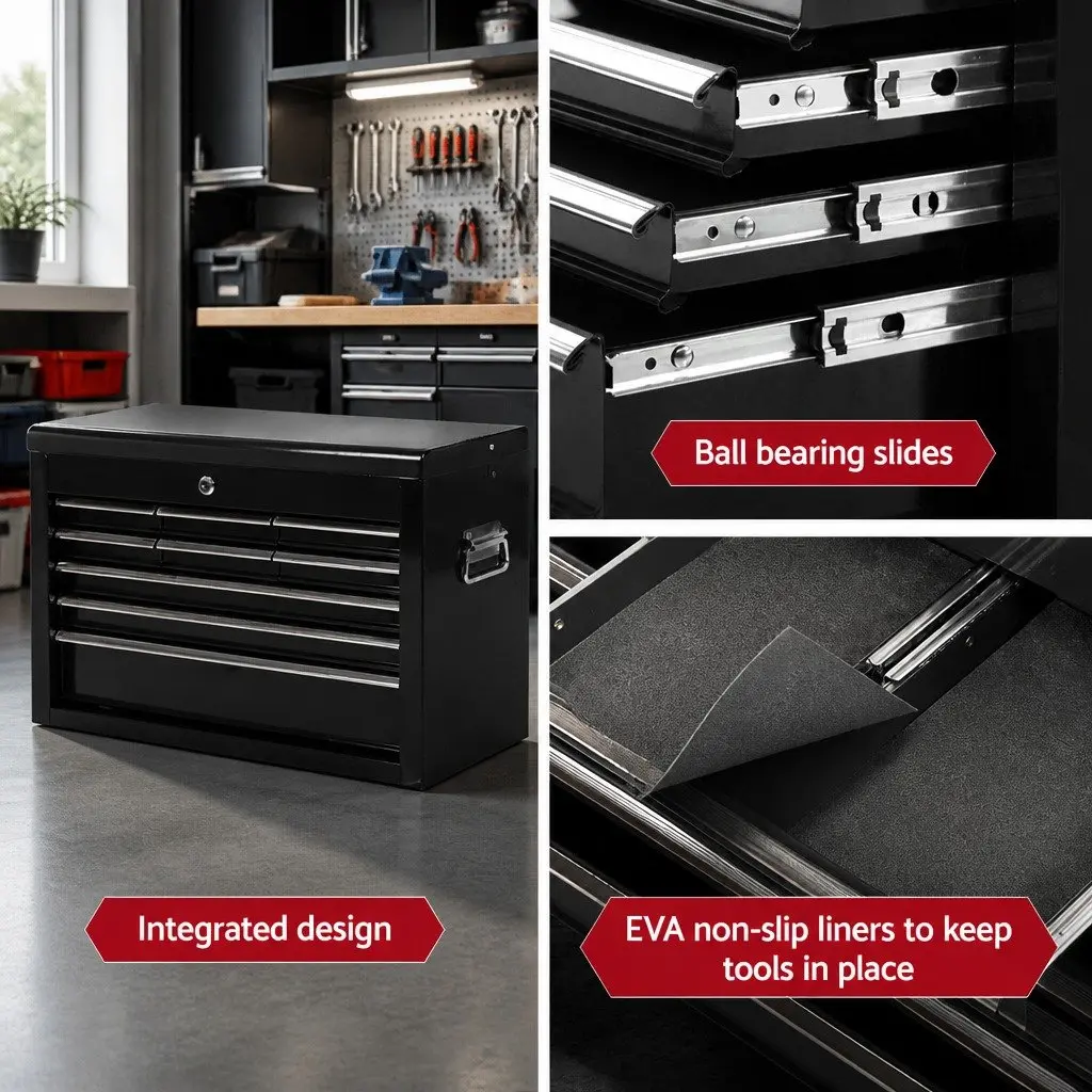9 Drawer Tool Box Cabinet Steel Storage Chest Lockable Black