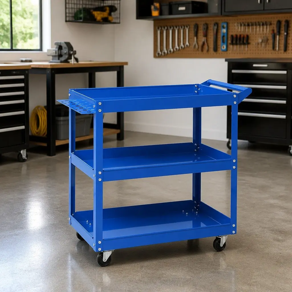 Tool Cart Trolley 3-Tier Mobile Storage Organizer Heavy-Duty Steel Construction Blue