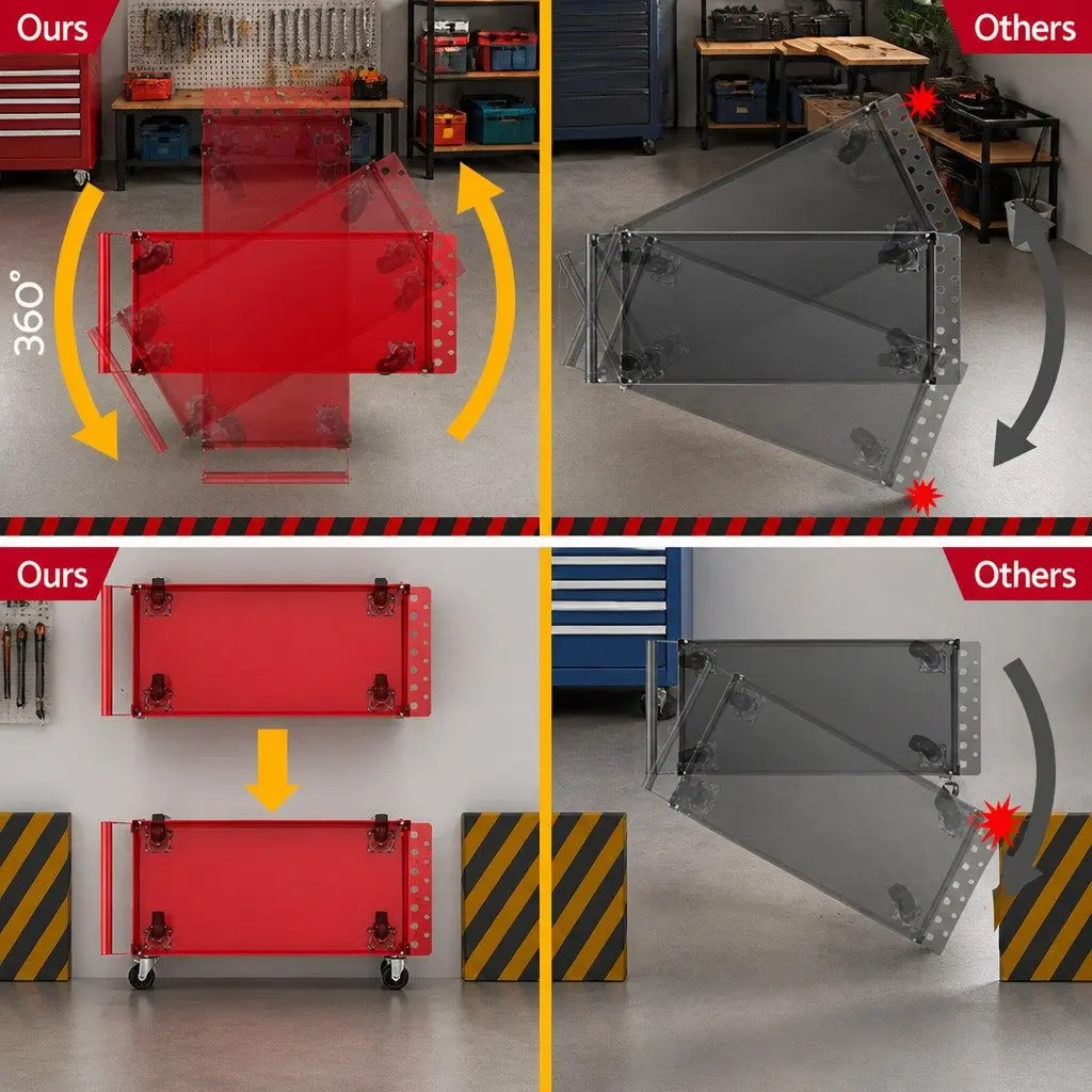 3-Tier Tool Cart Trolley Red Heavy-Duty Steel Construction with Lockable Castors for Workshop Garage Storage