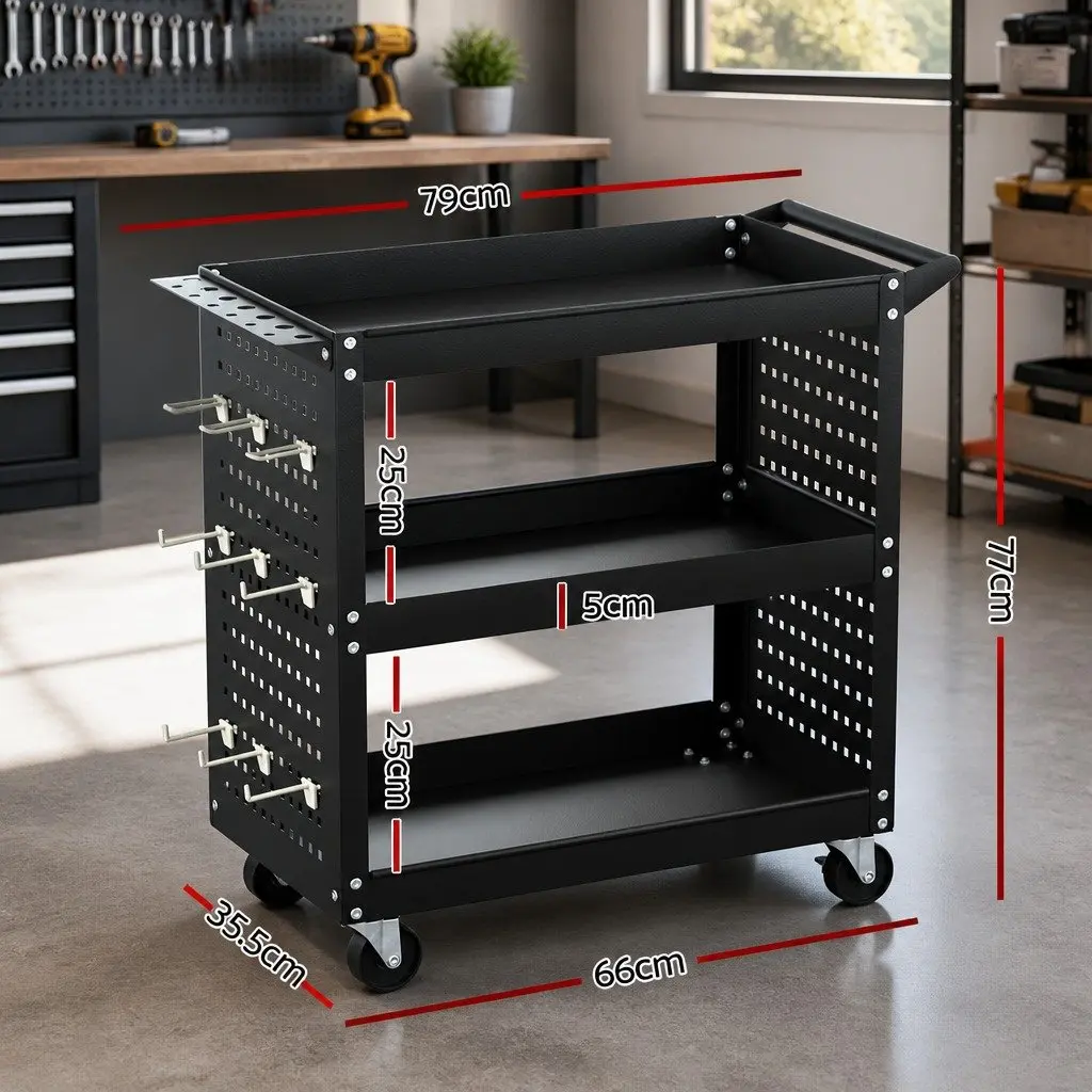 3-Tier Tool Cart Storage Trolley with Pegboard Hooks and 360-Degree Castors Black