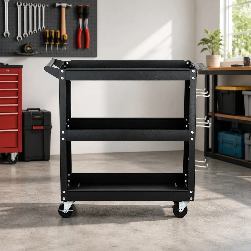 3-Tier Tool Cart Storage Trolley with Pegboard Hooks and 360-Degree Castors Black