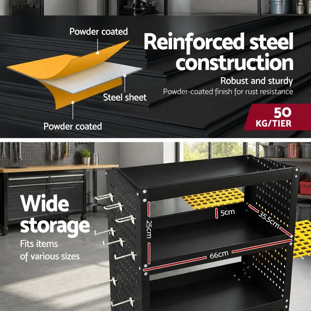 3-Tier Tool Cart Storage Trolley with Pegboard Hooks and 360-Degree Castors Black