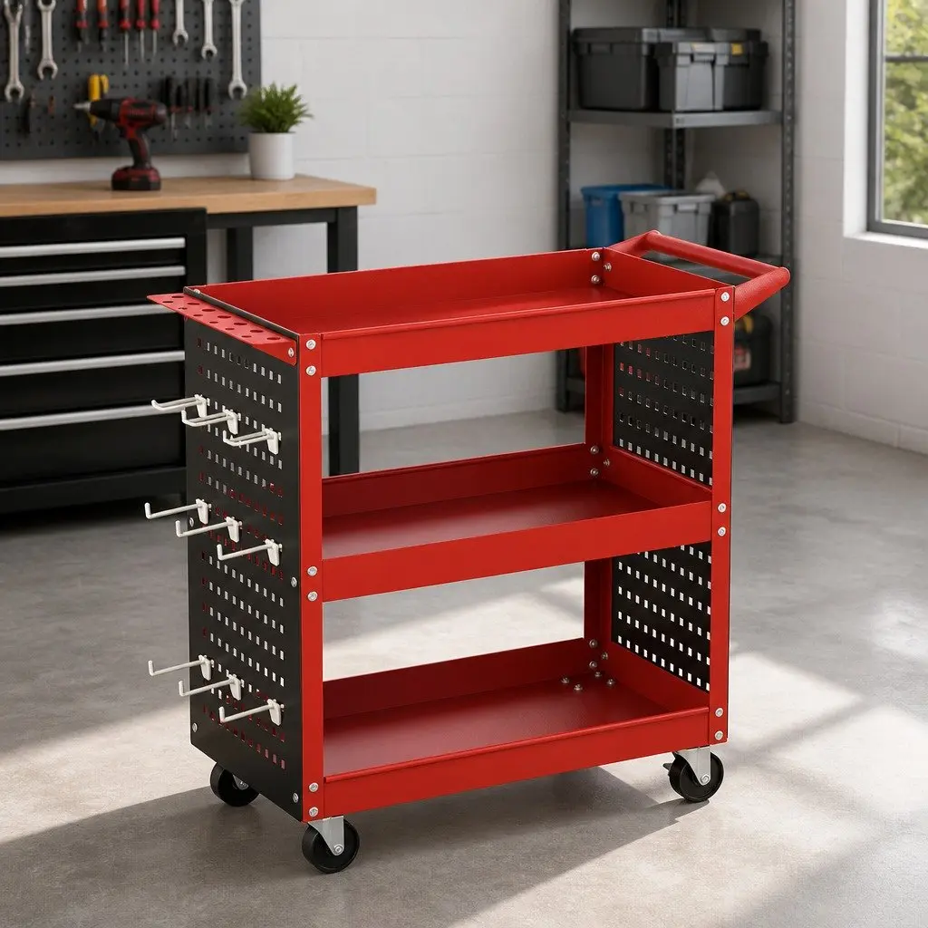 3-Tier Tool Cart Storage Trolley Red with Pegboard System and Dedicated Screwdriver Storage