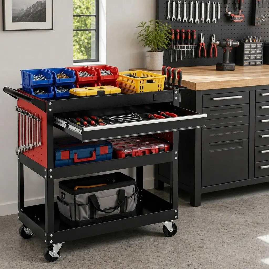 Tool Trolley Cart Rolling Cabinet Black Red Durable Steel Construction Mobile Workshop Storage Organizer with Drawers and Side Pegboard
