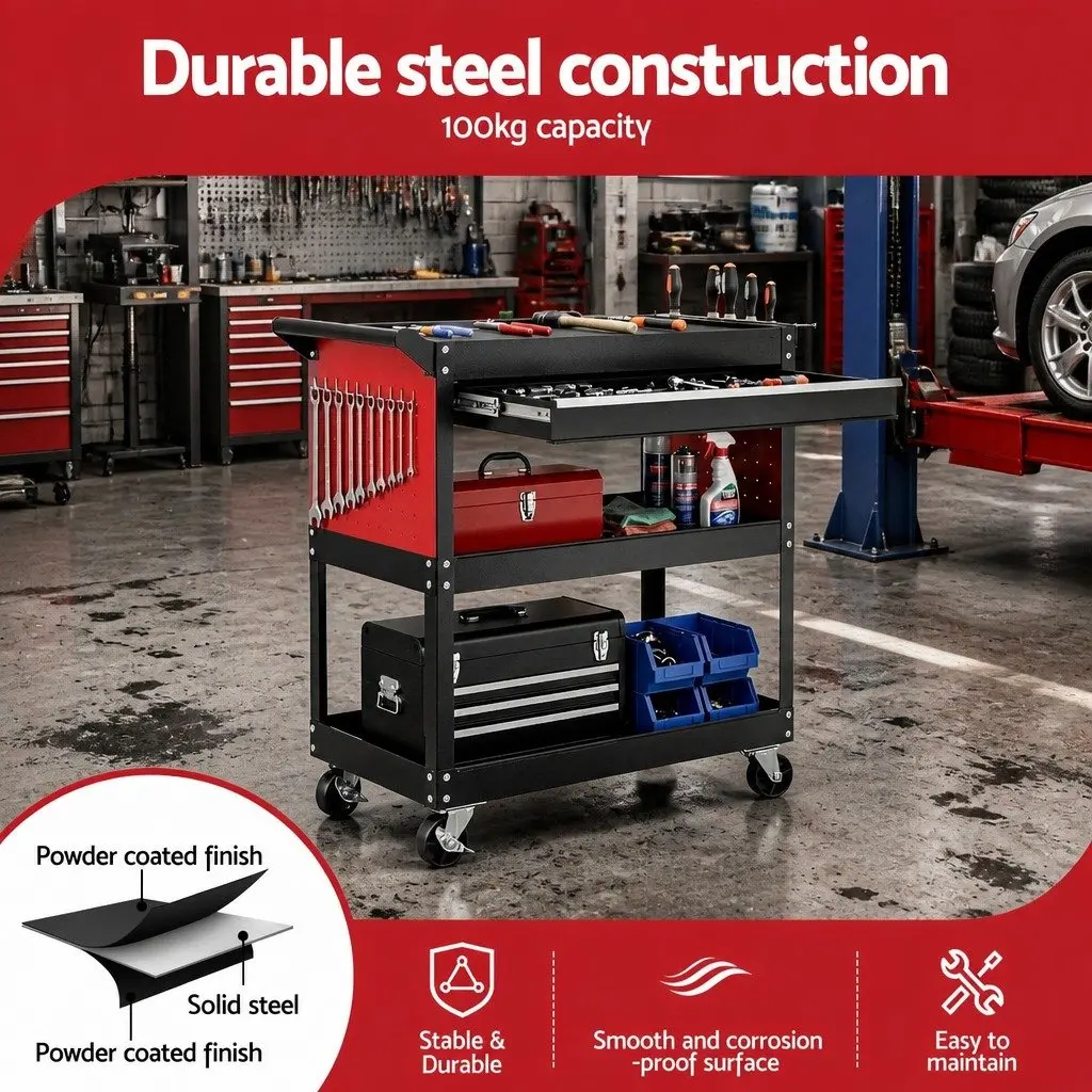 Tool Trolley Cart Rolling Cabinet Black Red Durable Steel Construction Mobile Workshop Storage Organizer with Drawers and Side Pegboard