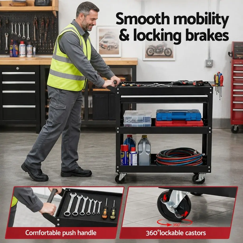Tool Trolley Cart Rolling Cabinet Black Red Durable Steel Construction Mobile Workshop Storage Organizer with Drawers and Side Pegboard