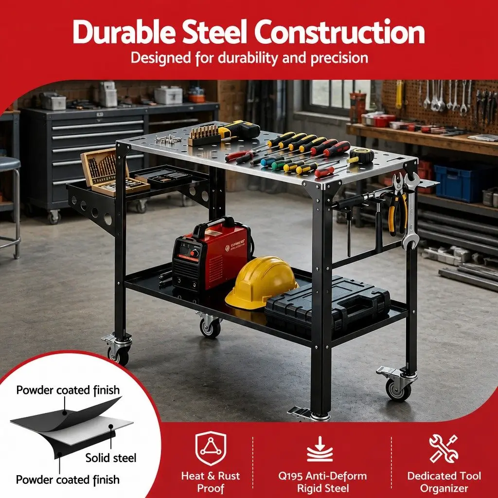 Welding Table Cart Mobile Workstation 130KG Capacity Lockable Tool Storage