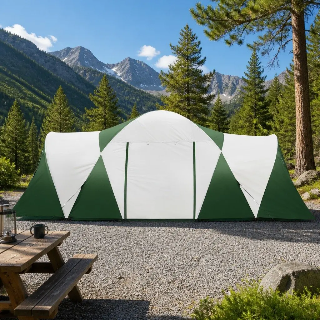 12 Person Dome Camping Tent 3 Room Green Outdoor Shelter with Mesh Windows and Oversized Zipper Doors