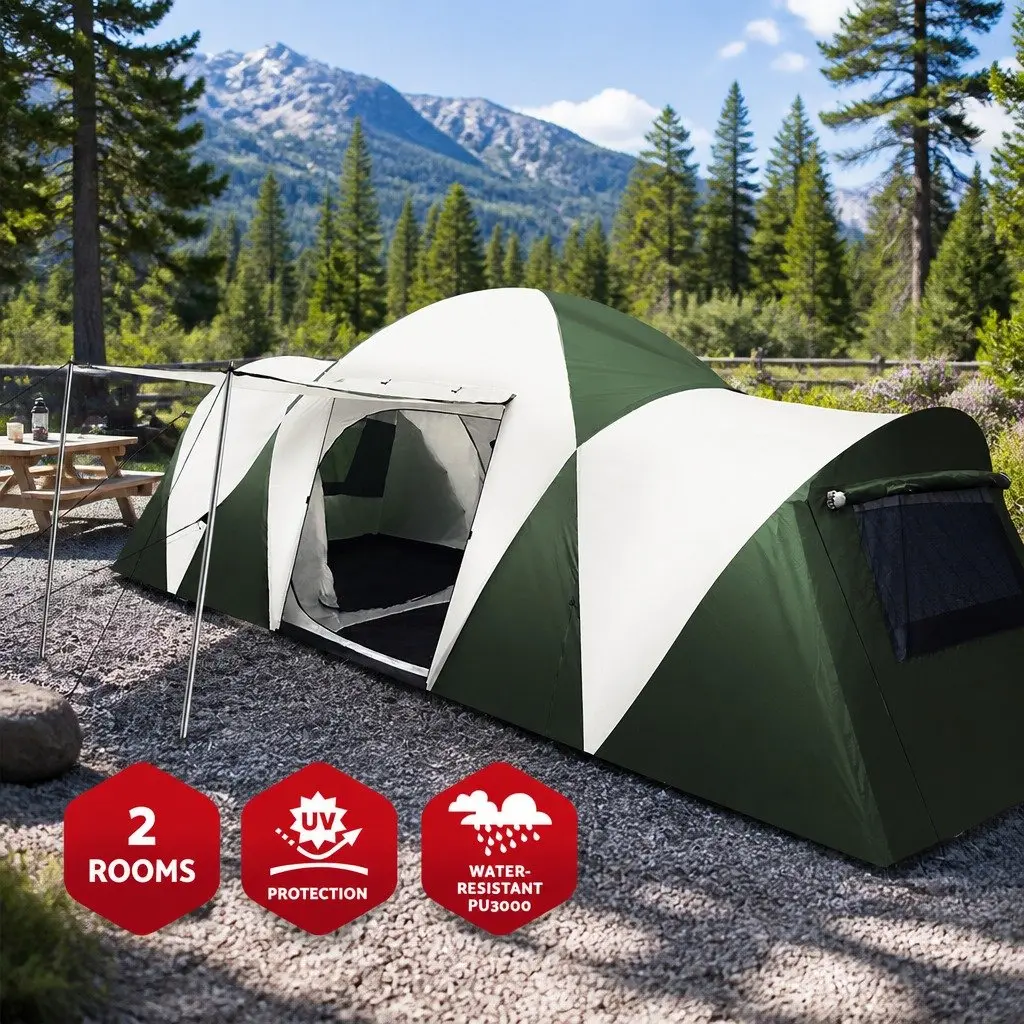 12 Person Dome Camping Tent 3 Room Green Outdoor Shelter with Mesh Windows and Oversized Zipper Doors