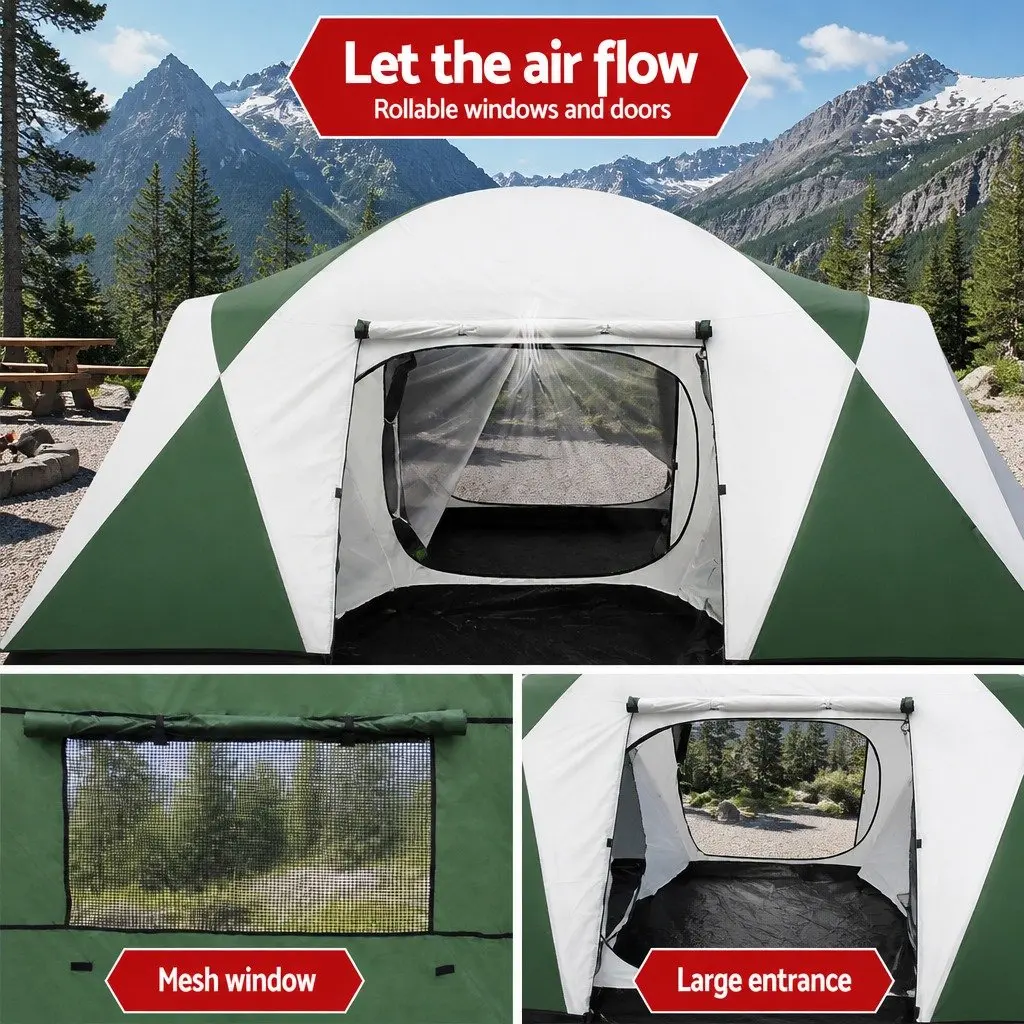 12 Person Dome Camping Tent 3 Room Green Outdoor Shelter with Mesh Windows and Oversized Zipper Doors