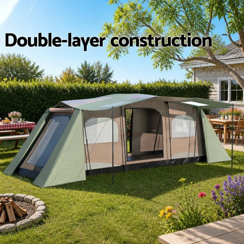 10 Person Instant Up Camping Tent Brown 3 Room Shelter for Family Outdoor Hiking