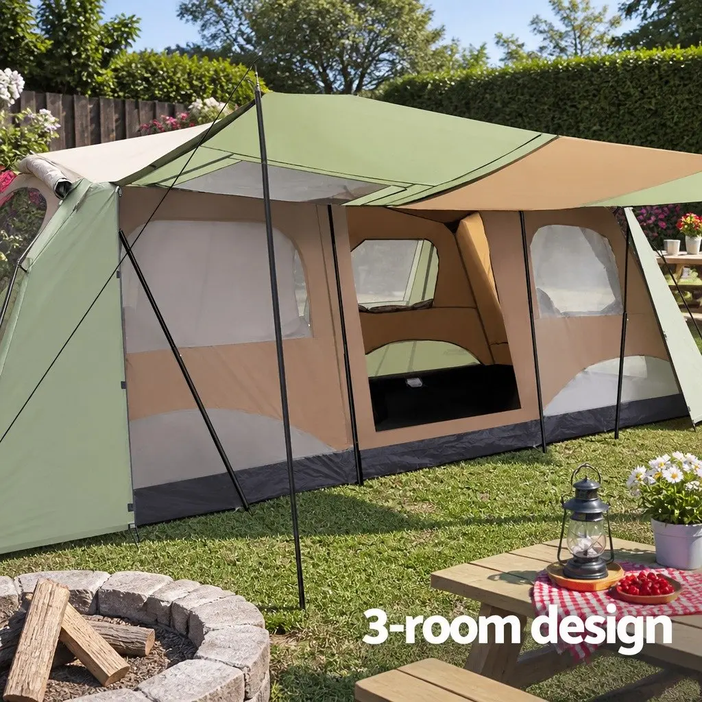 10 Person Instant Up Camping Tent Brown 3 Room Shelter for Family Outdoor Hiking