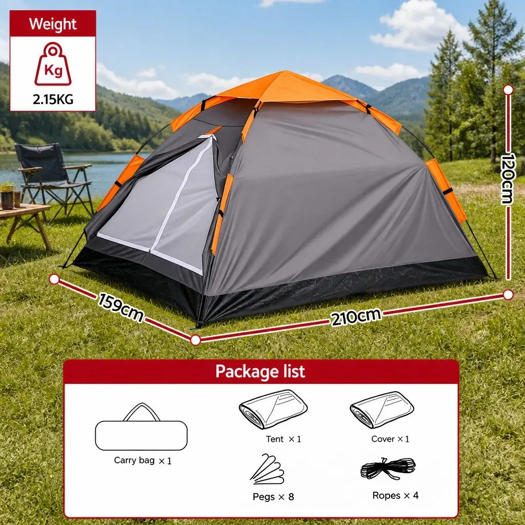 2 Person Camping Tent Automatic Pop Up Waterproof Lightweight Grey