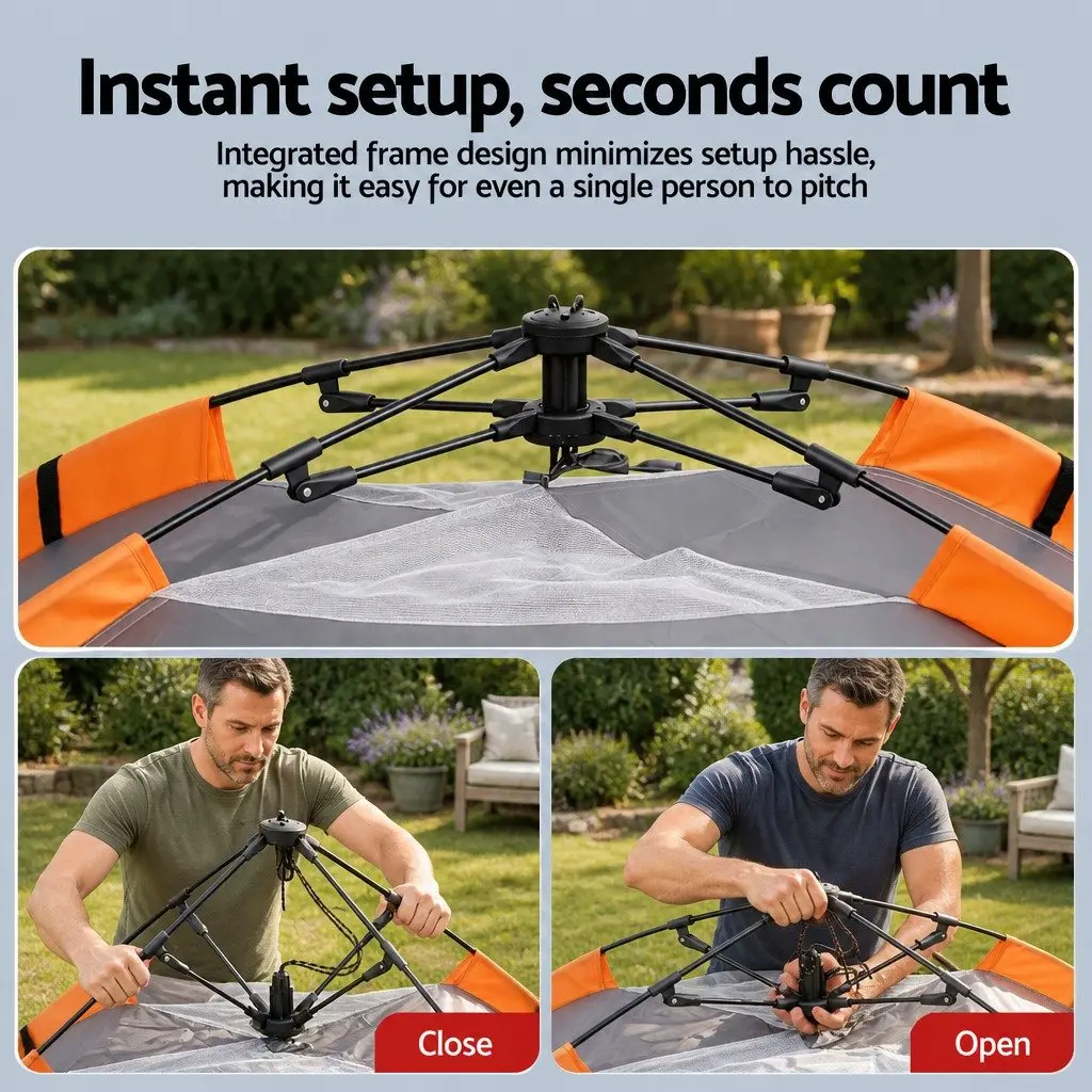 2 Person Camping Tent Automatic Pop Up Waterproof Lightweight Grey