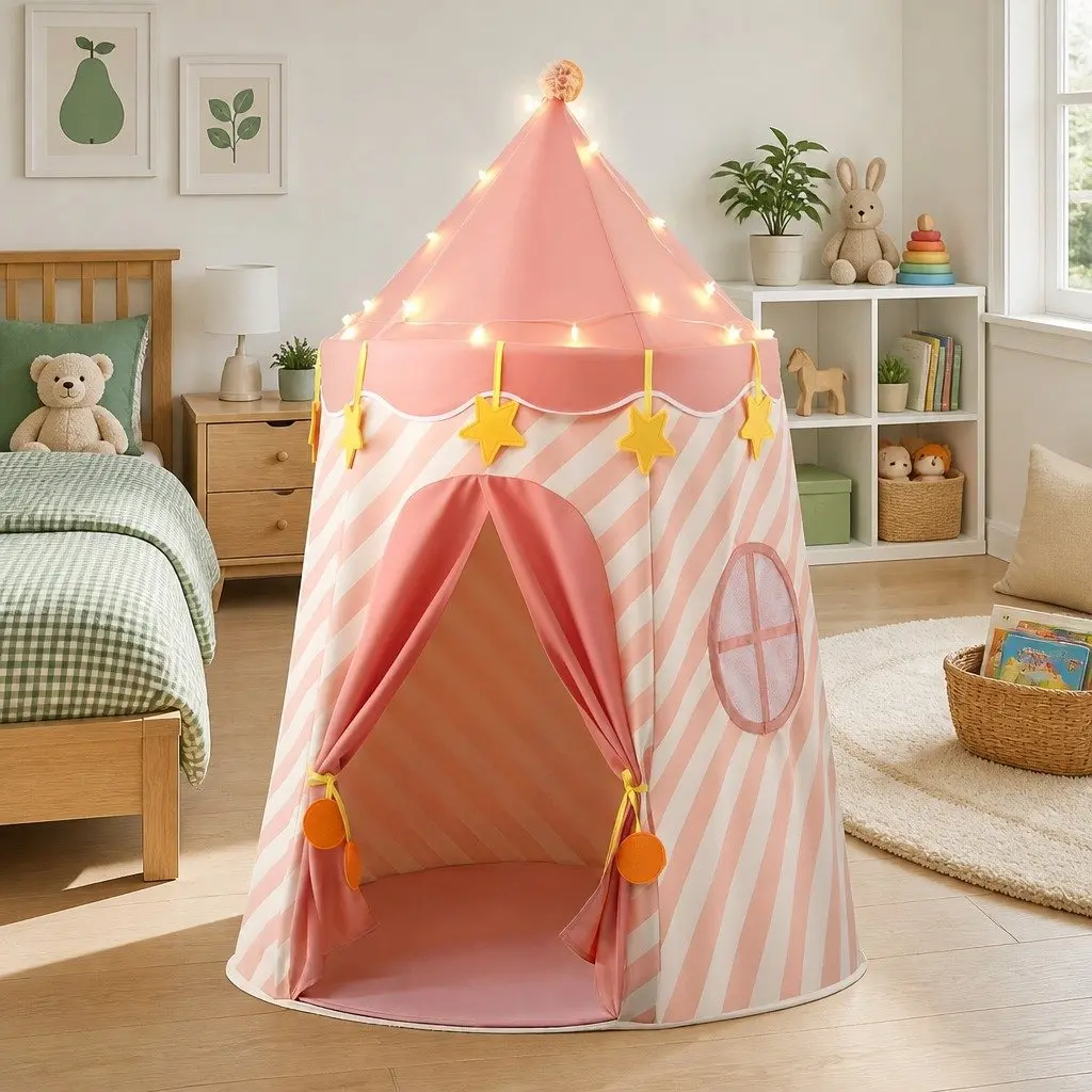 Kids Play Tent 116cm x 153cm with Star Lights and Carry Bag Pink