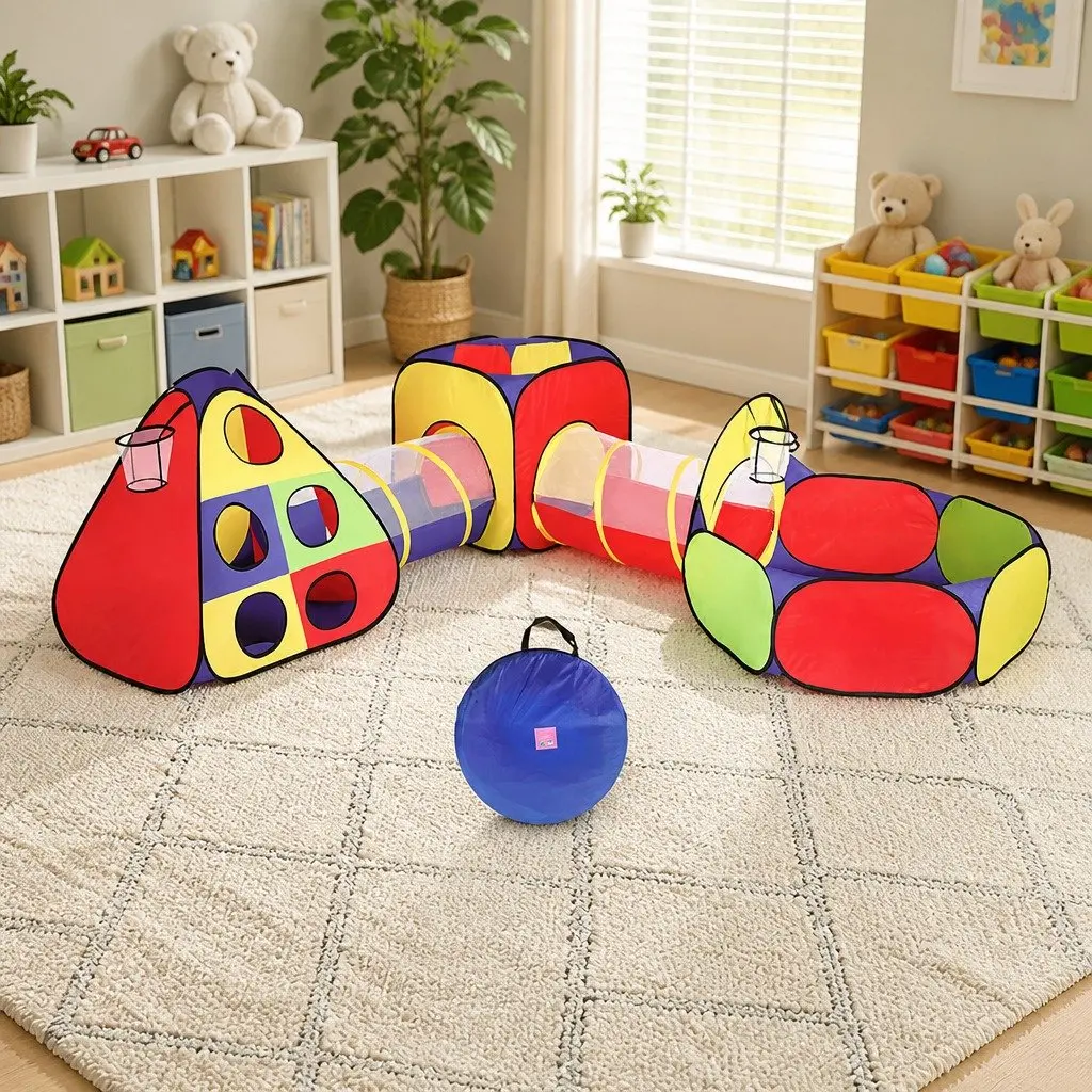 Kids Play Tent 4 Piece Teepee Playhouse Crawl Tunnel Ball Pit Basketball Hoop Indoor Outdoor