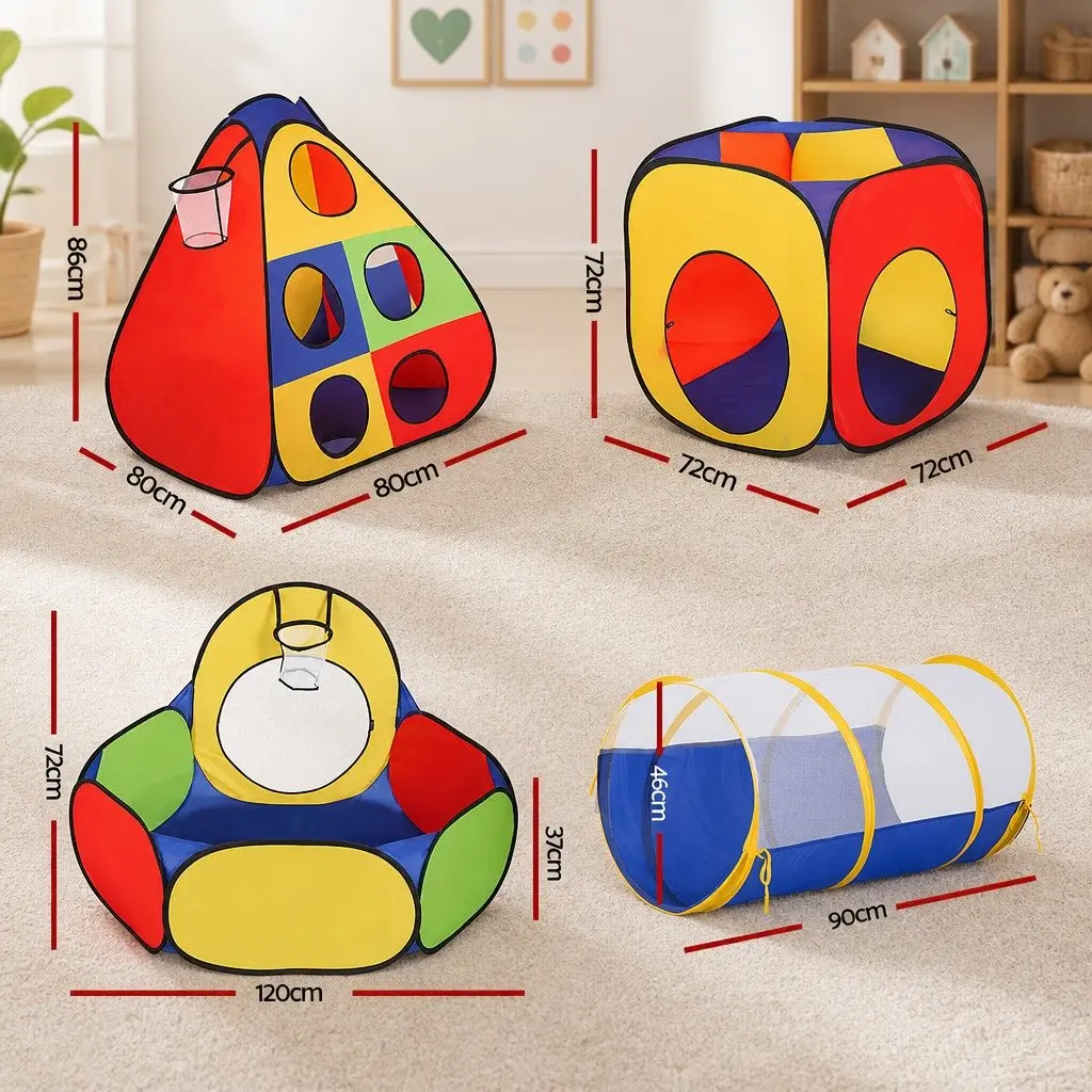 Kids Play Tent 4 Piece Teepee Playhouse Crawl Tunnel Ball Pit Basketball Hoop Indoor Outdoor