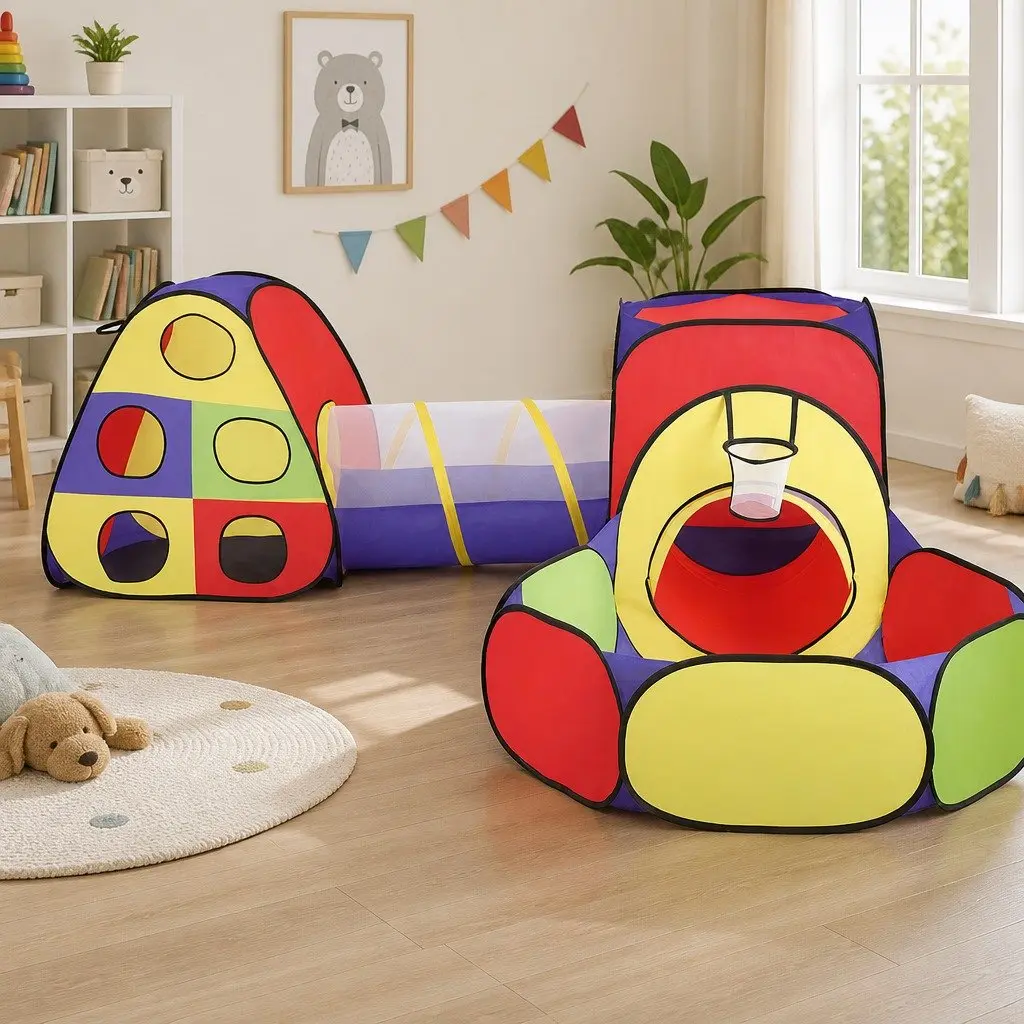 Kids Play Tent 4 Piece Teepee Playhouse Crawl Tunnel Ball Pit Basketball Hoop Indoor Outdoor