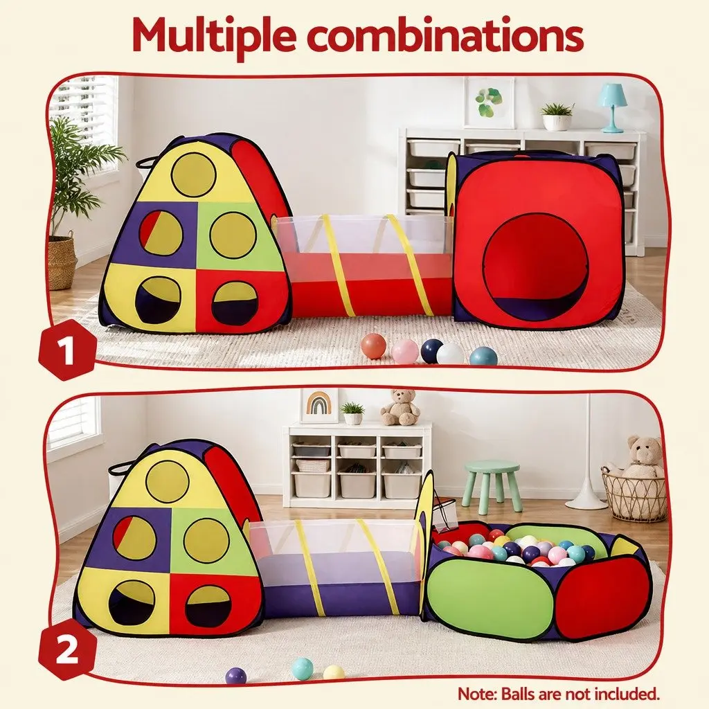Kids Play Tent 4 Piece Teepee Playhouse Crawl Tunnel Ball Pit Basketball Hoop Indoor Outdoor