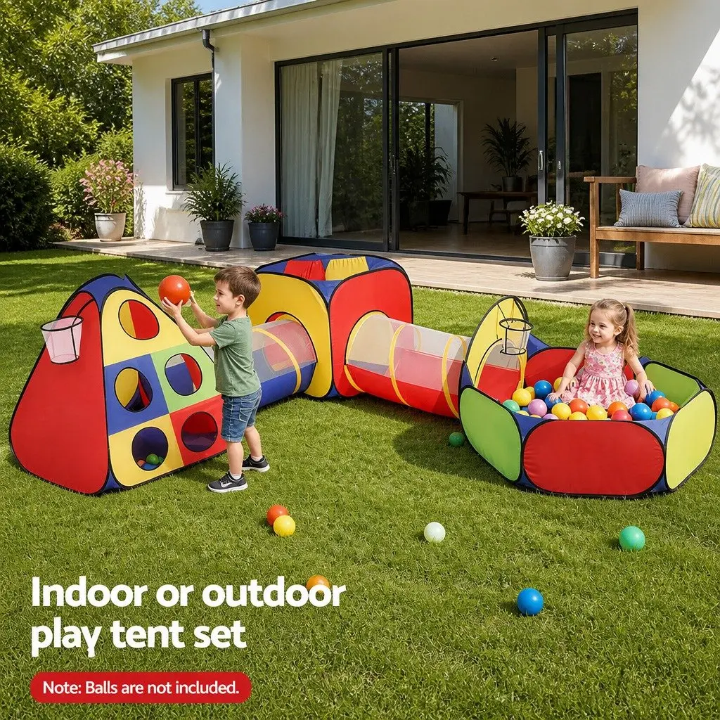 Kids Play Tent 4 Piece Teepee Playhouse Crawl Tunnel Ball Pit Basketball Hoop Indoor Outdoor