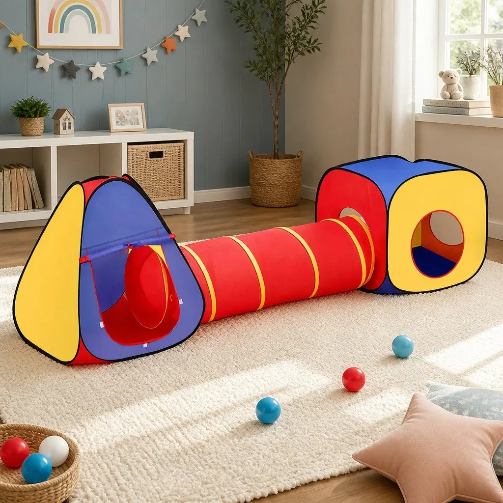 Kids 3-in-1 Play Tent 80cm Teepee Cube Playhouse Crawling Tunnel Indoor Outdoor