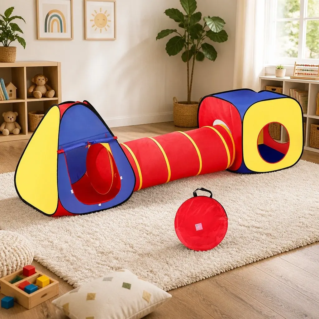Kids 3-in-1 Play Tent 80cm Teepee Cube Playhouse Crawling Tunnel Indoor Outdoor