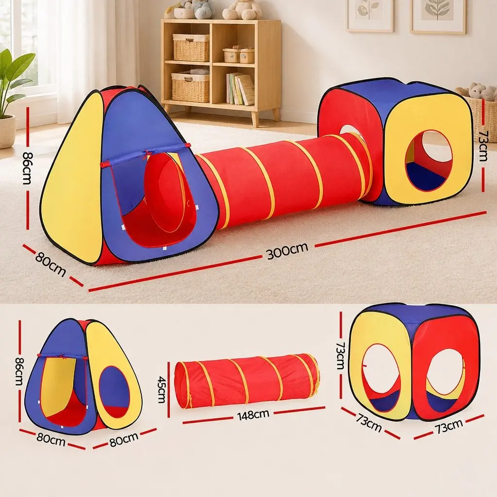 Kids 3-in-1 Play Tent 80cm Teepee Cube Playhouse Crawling Tunnel Indoor Outdoor