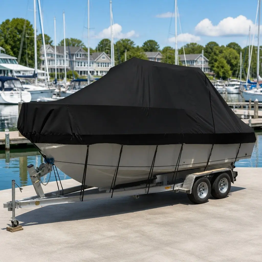 Boat Cover 19-21ft Heavy Duty UV Resistant Marine Grade Polyester with Side Zipper and Elastic Hems for Secure Fitting