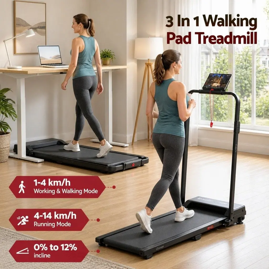 3 in 1 Walking Pad Treadmill 12% Incline Foldable Under Desk Home Gym Machine