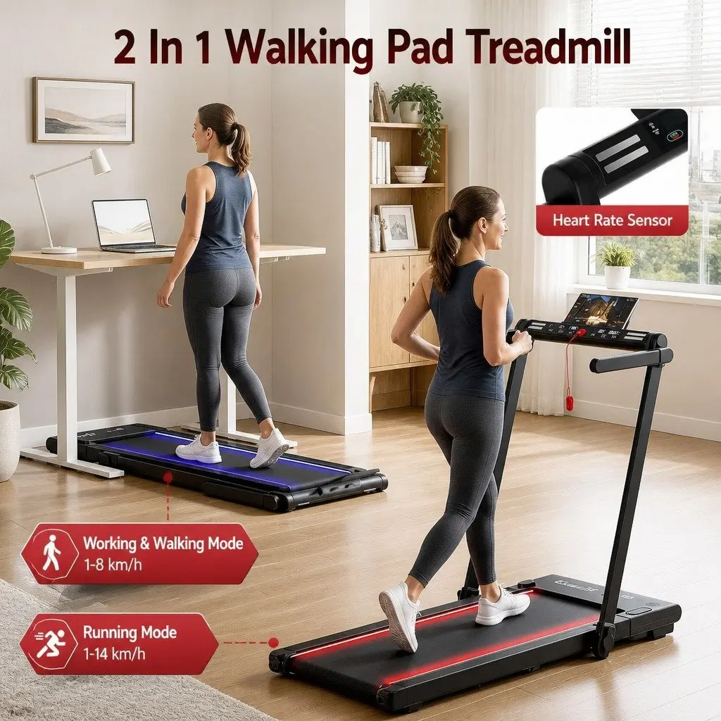 3-in-1 Walking Pad Treadmill 40cm LED Lights Foldable Under Desk Home Gym