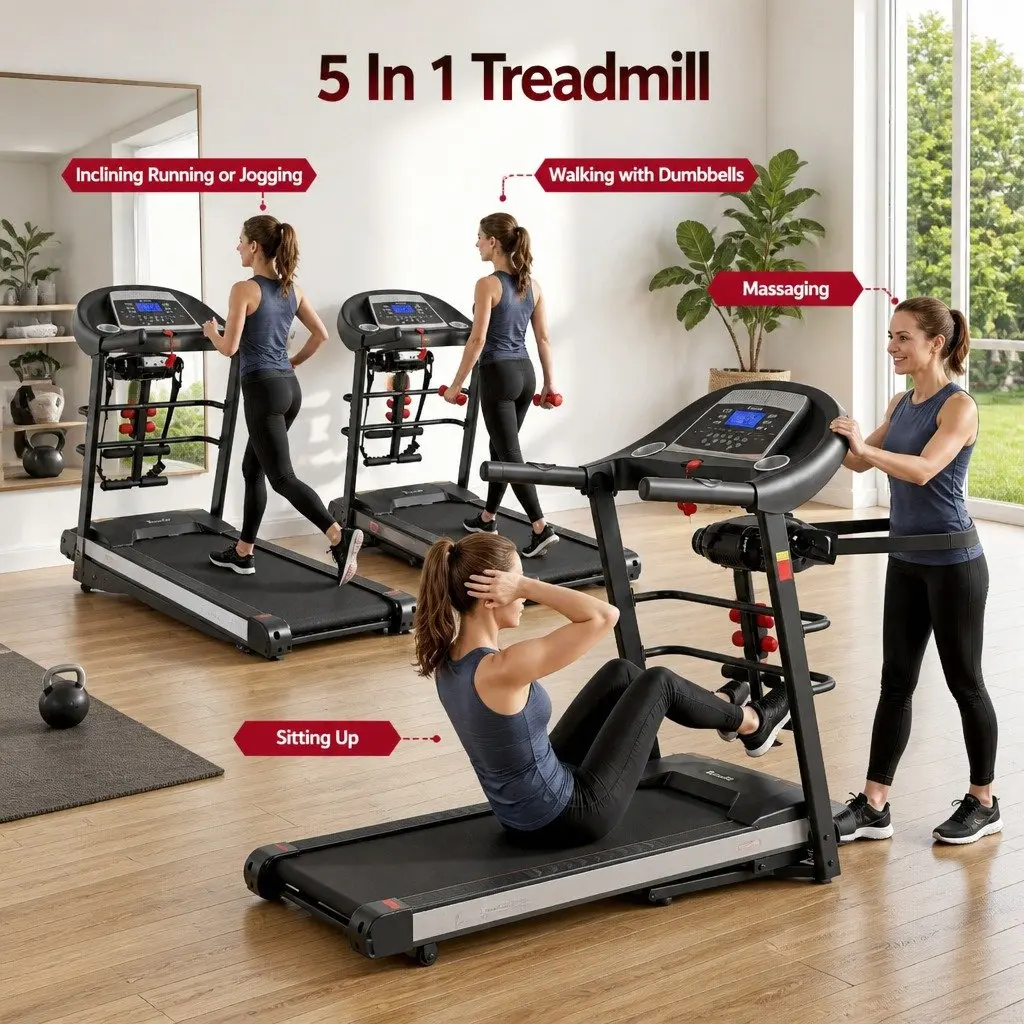 Electric Treadmill Home Gym Fitness Machine with Massager Sit-up Bar and Dumbbells