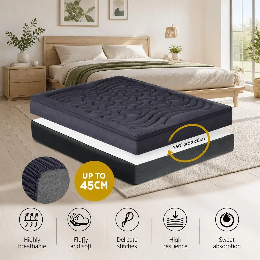 Mattress Topper King Single 1000GSM Charcoal 3-Zone Pillowtop Deep Washable