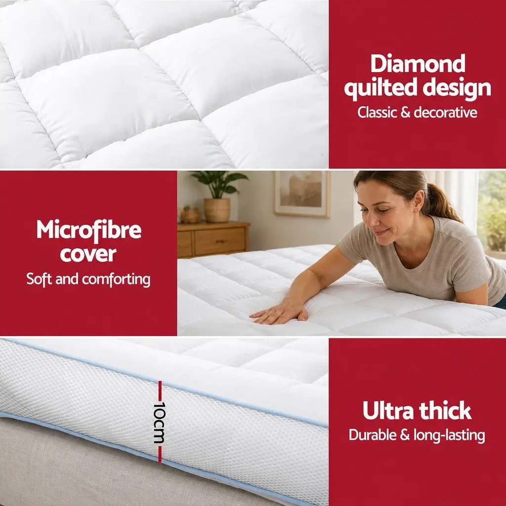 Pillowtop Mattress Topper King 10cm Thick Cooling Bamboo Pad Deep Pocket